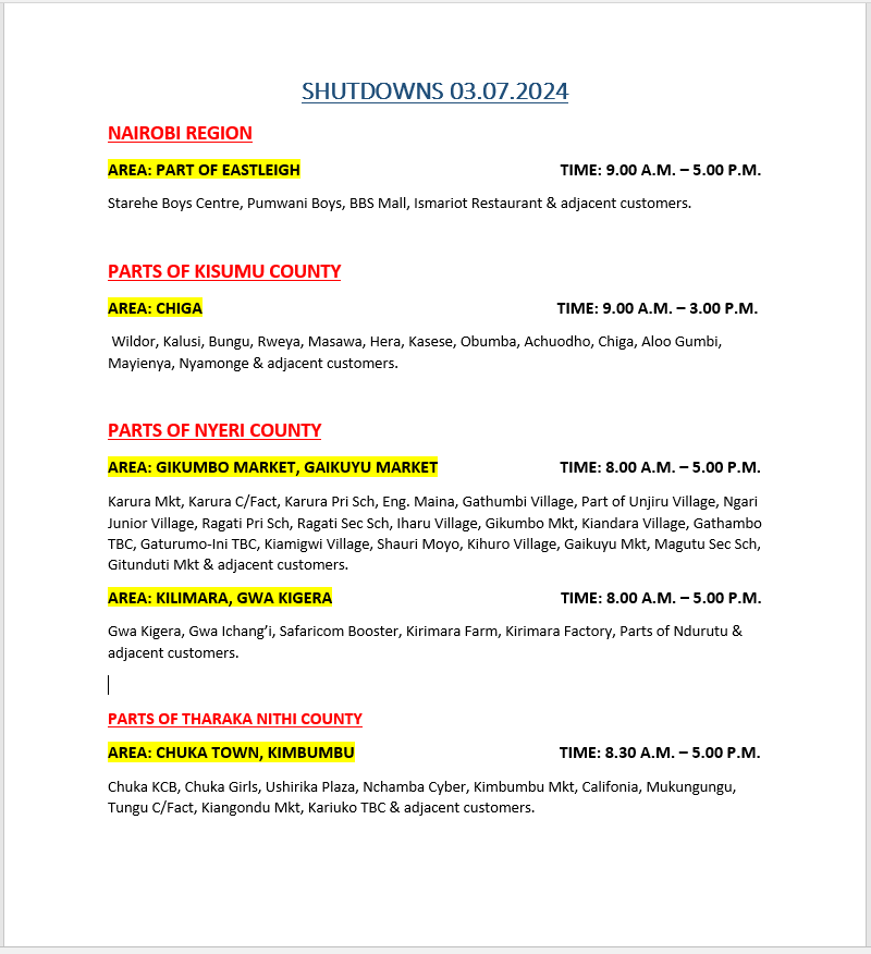 KenyaPower_Care's tweet photo. Hello. The following areas will be off on planned maintenance tomorrow (03.07.2024) ^DB https://t.co/FcGIbTgmXb