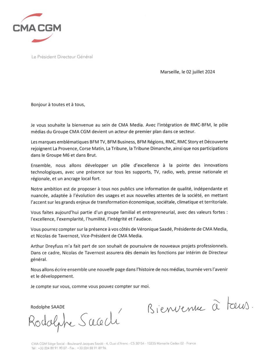 Adschwyter's tweet image. 🚨C’est Nicolas de Tavernost (ex M6) qui assurera la fonction de DG d’Altice Media (RMC et BFM TV) par intérim suite au départ d’Arthur Dreyfuss. Mention spéciale pour l’ajout à la main de « bienvenue à tous ».