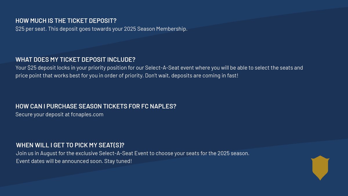 fcnaples_'s tweet photo. FC Naples Season Membership Deposit FAQ’s ⚡

Check out our FAQ's and secure your seat for FC Naples inaugural season today! 
🎟 https://t.co/N9DFw37I0y

More questions? Contact our Director of Ticketing Chris Johnson! 
📞 (239) 933-5335 
✉️ tickets@fcnaples.com https://t.co/tJYHBqIXHM