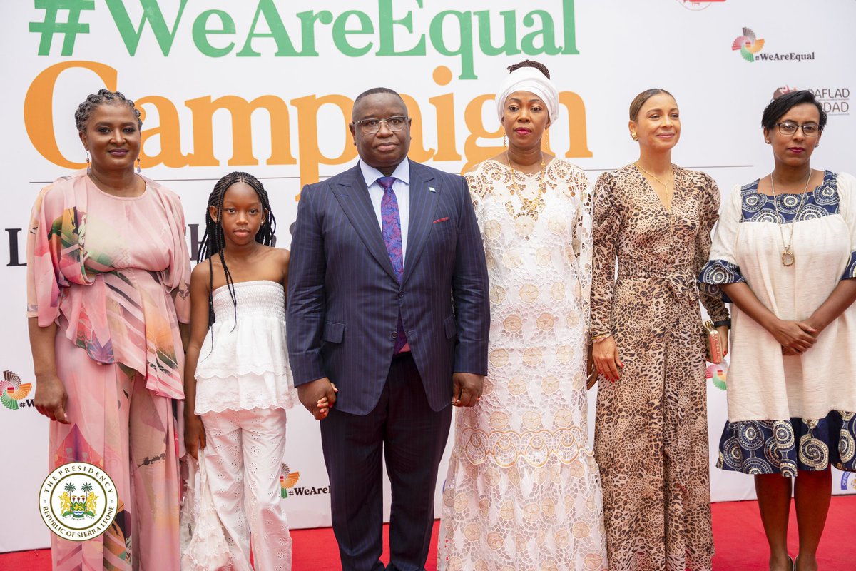 Presidency_SL's tweet photo. At the #WeAreEqual campaign launch today at the Freetown Conference Centre, @PresidentBio signed the Prohibiting Child Marriage Bill into law.

Fatima @FirstLadyBio has always championed women's and girls' rights issues with a very special passion. Together, we want to build an empowered Sierra Leone where women are given an even platform to reach their full potential. 

@PresidentBio have always believed that the future of Sierra Leone is female. This and future generations of girls must thrive in  Sierra Leone in which they're protected, equal,  and empowered.

He thanked the First Ladies who are in Sierra Leone to support the #WeAreEqual campaign. Enjoy our warm Sierra Leonean hospitality.