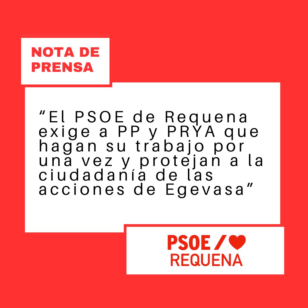 PSOE_Requena's tweet photo. El PSOE de Requena exige al gobierno de PP y PRYA que hagan su trabajo por una vez y protejan a la ciudadanía de las acciones de Egevasa. https://t.co/2zJ36FeYPY