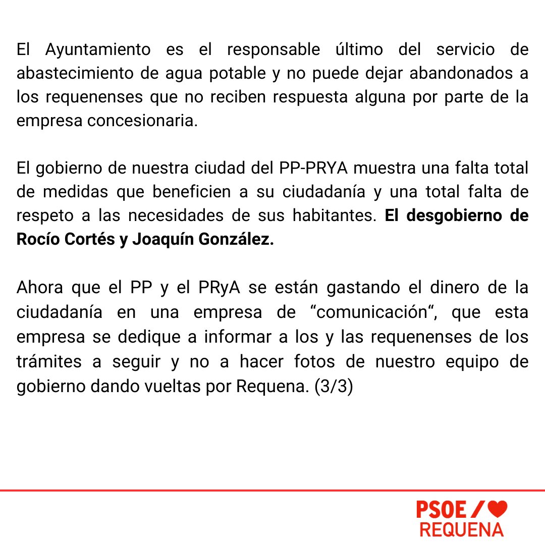 PSOE_Requena's tweet photo. El PSOE de Requena exige al gobierno de PP y PRYA que hagan su trabajo por una vez y protejan a la ciudadanía de las acciones de Egevasa. https://t.co/2zJ36FeYPY