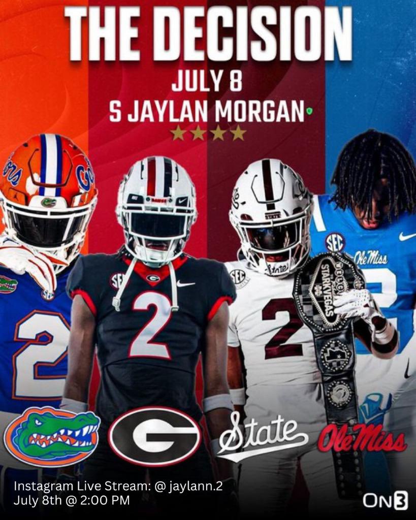 I will be making my decision July 8th @ 2pm CST! <a href="/GatorsFB/">Florida Gators Football</a> <a href="/GeorgiaFootball/">Georgia Football</a> <a href="/HailStateFB/">Mississippi State Football</a> <a href="/OleMissFB/">Ole Miss Football</a> <a href="/ChadSimmons_/">ChadSimmons</a> <a href="/SWiltfong_/">Steve Wiltfong</a> <a href="/adamgorney/">Adam Gorney</a> <a href="/TomLoy247/">Tom Loy</a> <a href="/Kreager/">𝑇𝑜𝑚 𝐾𝑟𝑒𝑎𝑔𝑒𝑟</a> <a href="/cecil_joyce/">Cecil Joyce</a> <a href="/CSmithScout/">Chris Smith</a> <a href="/Rockvale_FB/">Rockvale Rockets Football</a>