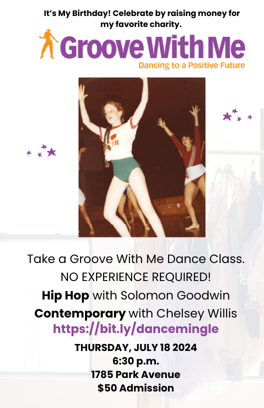 Ever wanted to take a Groove With Me dance class? Thursday, July 18th you can.  buy a ticket at bit.ly/dancemingle