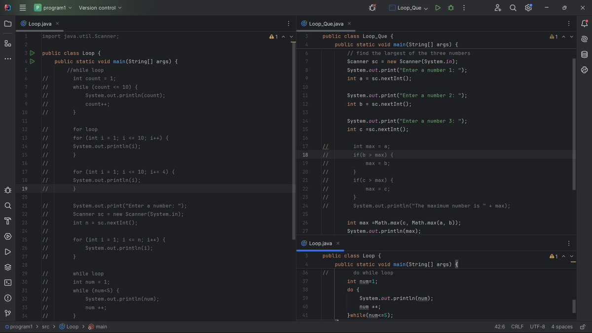 Henish1508's tweet image. 🌟 Mastered Java loops today! 🚀 
Explored `for`, `while`, and `do-while` loops, solving challenging problems along the way. 
Also leveled up with `Math.max()` for max value calculations. 
Ready to apply these skills! 💻🔍 
#Java #Programming #LearningByExample