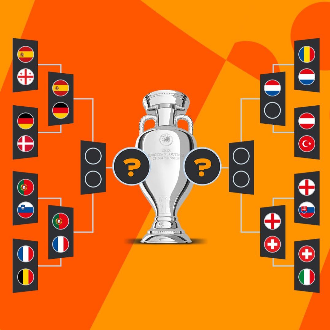 neews_sports's tweet image. مسار ربع نهائي بطولة امم أوروبا 2024

 ⏳ #EURO2024  
#GERDEN  🇩🇪✅
#SUIITA 🇨🇭✅
#ENGSVK 🏴󠁧󠁢󠁥󠁮󠁧󠁿✅
#ESPGEO 🇪🇸✅
#FRABEL 🇫🇷 ✅
#PORSVN 🇵🇹 ✅
#ROMNED 🇳🇱 ✅