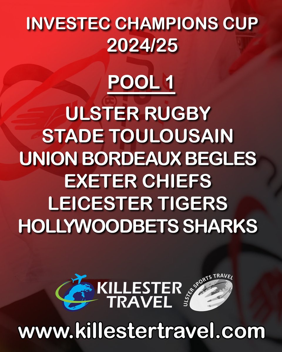 KillesterTravel (@killester_group) on Twitter photo Ulster have the toughest draw of all the Irish teams in Investec Champions Cup with both Top 14 finalists plus Exeter and Leicester. Will be fascinating match ups in this pool. Register now for travel details info@killestertravel.com #suftum #ulsterrugby Ulster have the toughest draw of all the Irish teams in Investec Champions Cup with both Top 14 finalists plus Exeter and Leicester. Will be fascinating match ups in this pool. Register now for travel details info@killestertravel.com #suftum #ulsterrugby