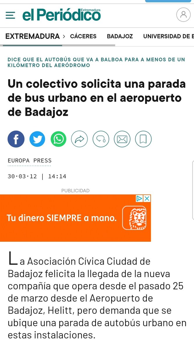 La Asociación se congratula por la acertada decisión del Ayuntamiento y su Concejalía de Transporte de instalar una parada de autobús urbano en el aeropuerto de Badajoz, una reivindicación histórica que ya solicitábamos allá por el año 2012.
aytobadajoz.es/es/ayto/notici…