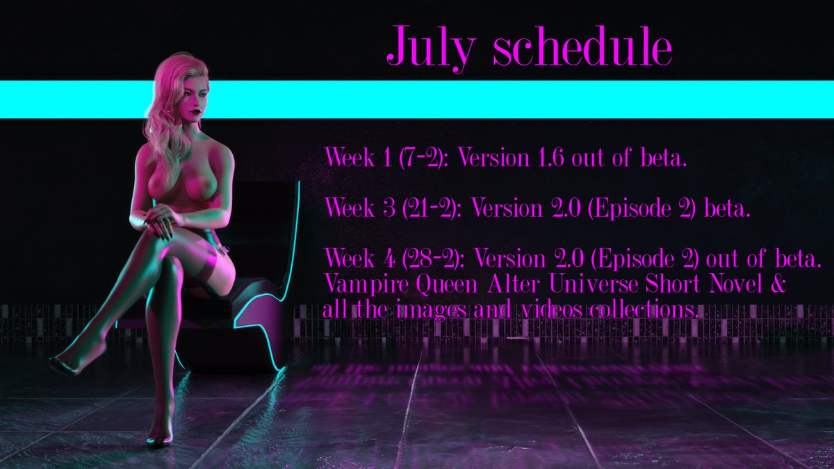 Greetings everyone. Here is the schedule of July for Sin Heels. You can play the game for free at my Patreon: patreon.com/posts/sin-heel…

#nsfwtwt #3drender #3dartwork #rule34 #3d #render #adult #novel #art #femdomisfun #3dart #VN #NSFW #Renpy #femmefatale #footworshi̇p #FOOTFETİSH