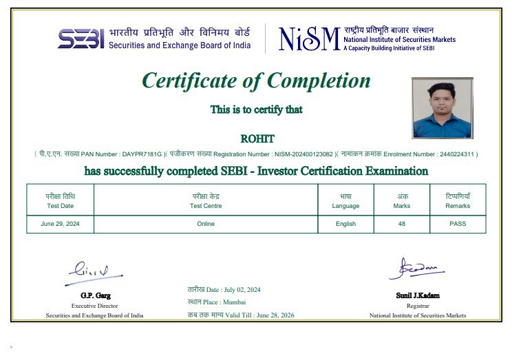 Rohitdas_trader's tweet image. Excited to Announce My Achievement
I am thrilled to share that I have successfully earned the SEBI Investor Certification This certification is a significant milestone in my finance journey, and I highly recommend it to all finance enthusiasts #Finance #SEBI #Certification #NISM