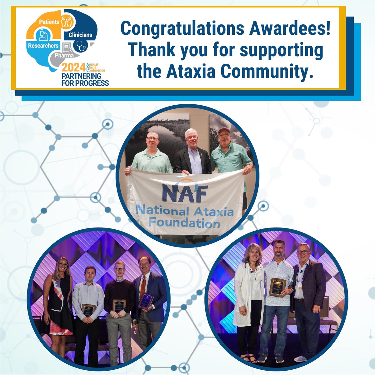 At the 2024 Annual Ataxia Conference, we honored several incredibly worthy members of the Ataxia community for their outstanding support. Recipients are selected for their dedication, innovation, and passion. 

Watch the full ceremonies here: youtu.be/10ah3c_LAkw