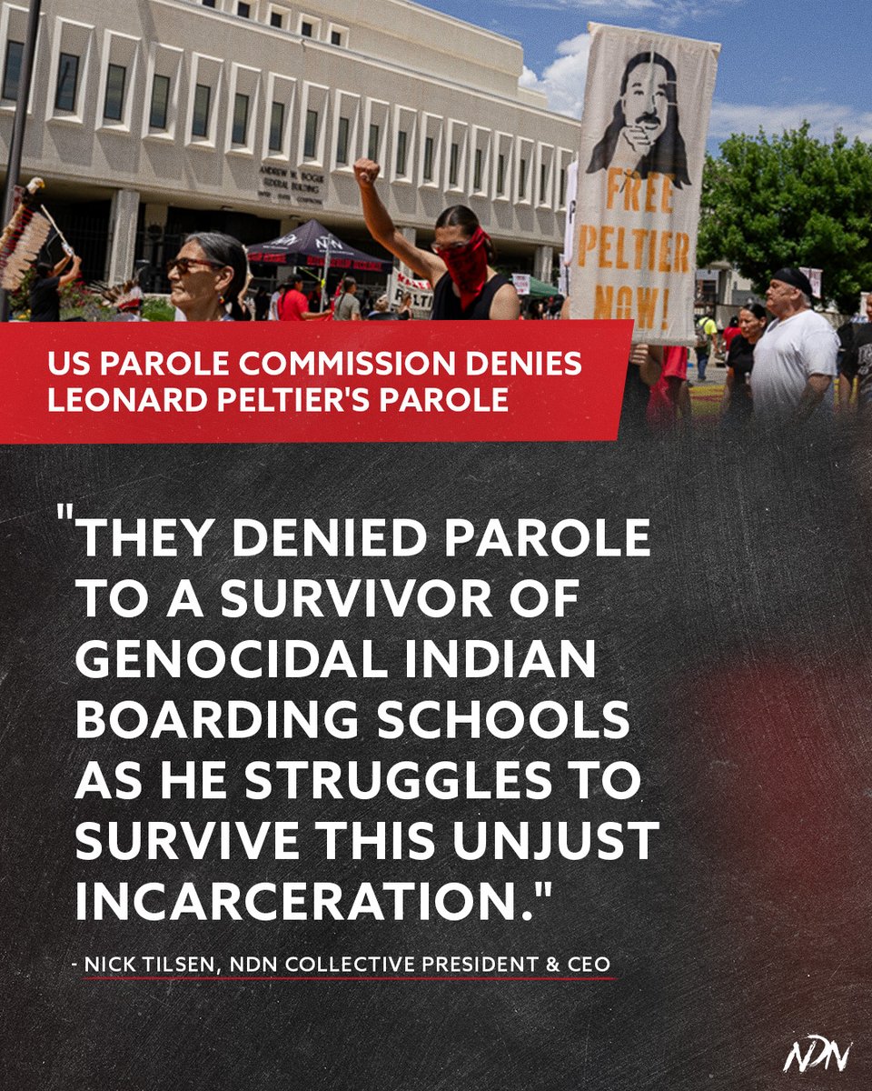 “Today is a sad day for Indigenous Peoples &amp; justice everywhere. US Parole Commission’s denial of parole for Leonard Peltier, America’s longest serving Indigenous political prisoner, is a travesty” said Nick Tilsen, president &amp; CEO of NDN Collective. 
Read:ndnco.cc/lpprd