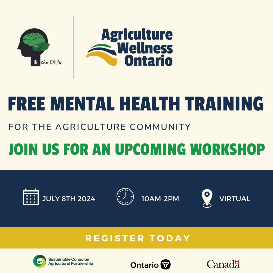 In the Know is a fantastic way to learn more about having conversations about mental health! Anyone in the Ontario Ag community is welcome to attend the next upcoming workshop on July 8, so sign up right now! Register at: bit.ly/3Wx82EG