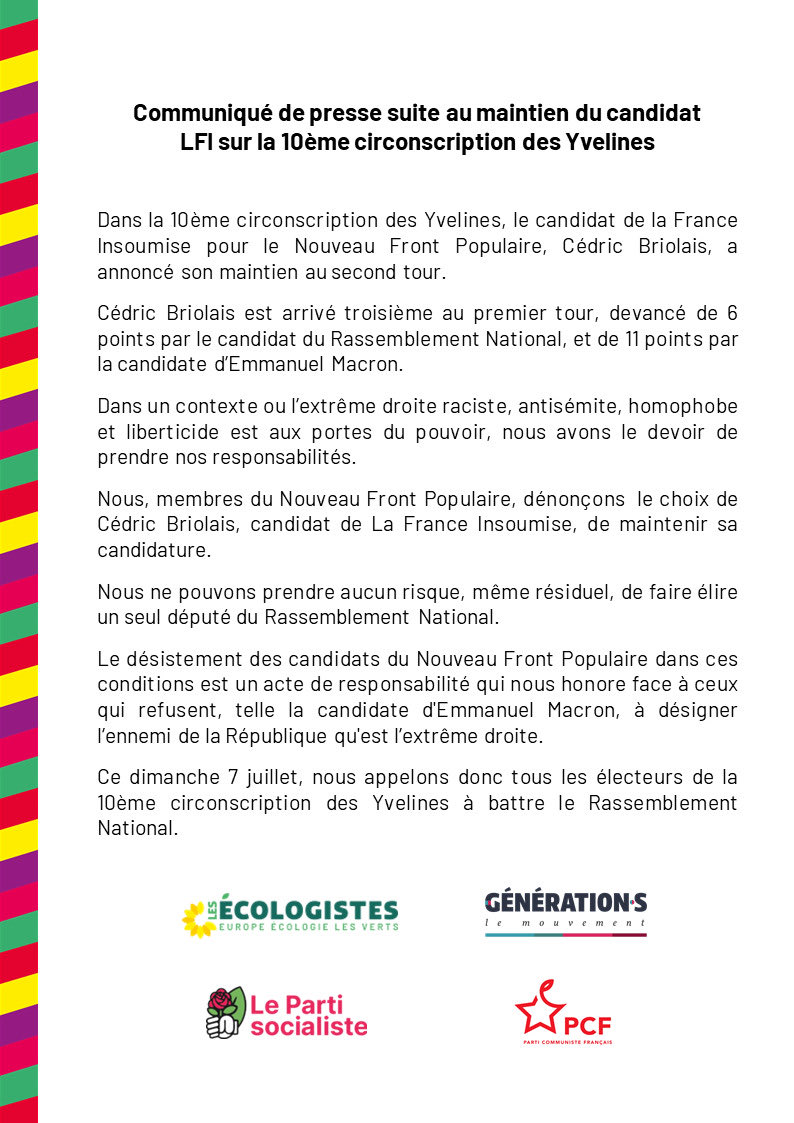 Le candidat LFI arrivé en troisième position loin derrière la candidate de la majorité présidentielle et celui du RN se maintient au risque de faire élire ce dernier. Je désapprouve ce choix et voterai dimanche en conséquence.