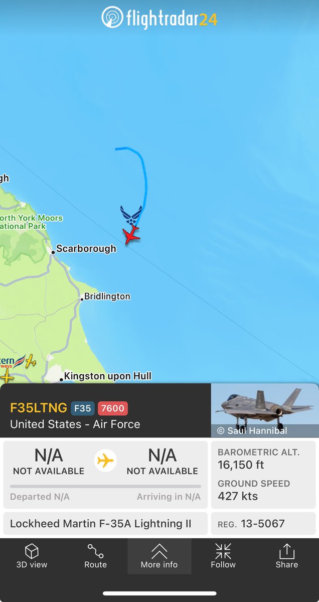 KevinRoss84's tweet photo. #F35 #squawking #7600 over the north sea #USAF https://t.co/MI5fVSgrLV