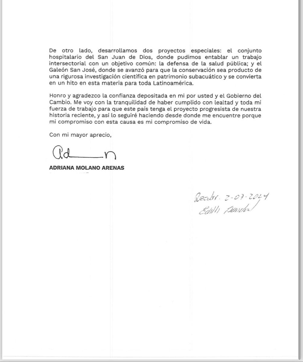 WRadioColombia's tweet photo. #PrimiciaW | Renunció la viceministra de Cultura, Adriana Molano Arenas, quien desde octubre de 2023 se ocupaba del Viceministerio de los Patrimonios, las memorias y la Gobernanza cultural del Ministerio de las Culturas, las Artes y los Saberes. Su retiro será desde el 10 de julio, alegando razones personales.