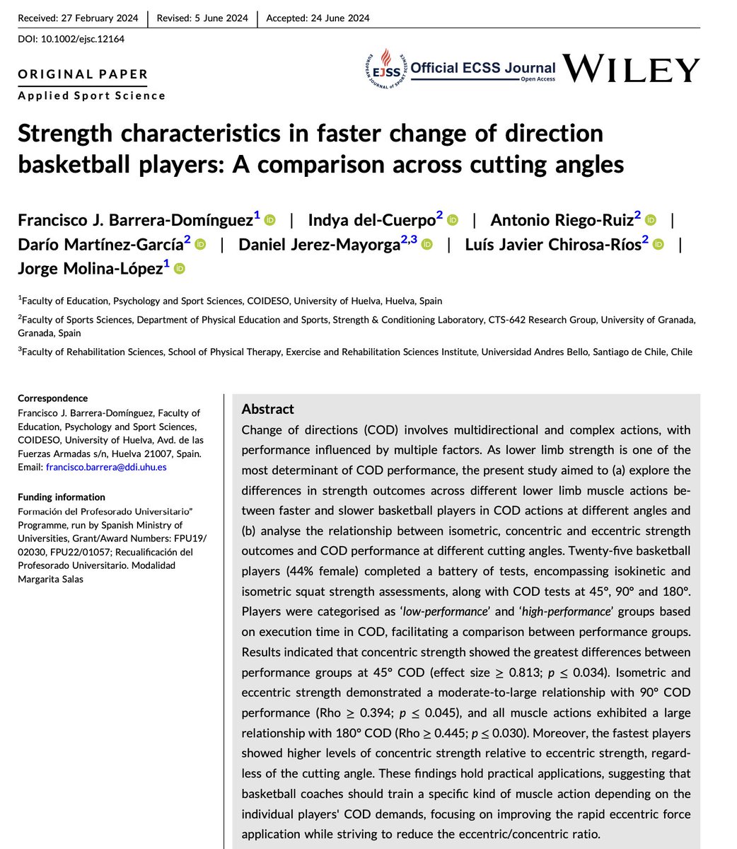 🔑Strength is key in change of direction (COD) performance. 

🏀💪The relationship between strength and COD varies with cutting angles: angles <90° emphasize concentric strength, while >90° rely more on isometric and eccentric strength. 

🔗onlinelibrary.wiley.com/doi/full/10.10…