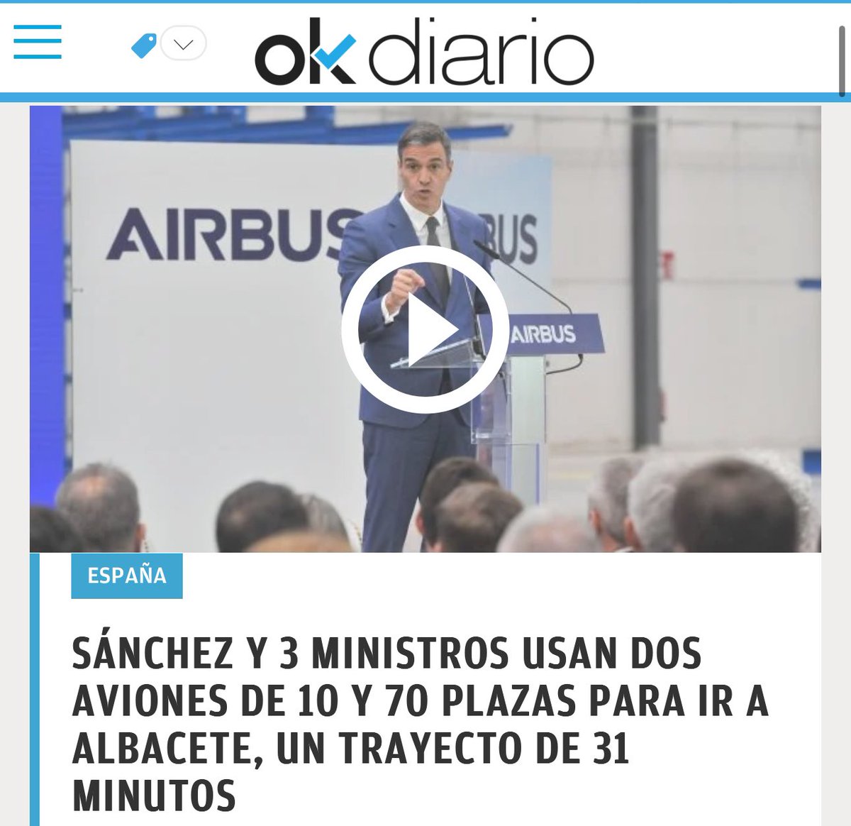 Hoy Sánchez y 3 ministros han usado 2 aviones. De 10 plazas y de 70 plazas. Para ir a Albacete. 31 minutos de trayecto. 
¿Creéis que podrían haber sacado un billete de AVE? ¿Qué otro medio de transporte hubiera sido correcto?