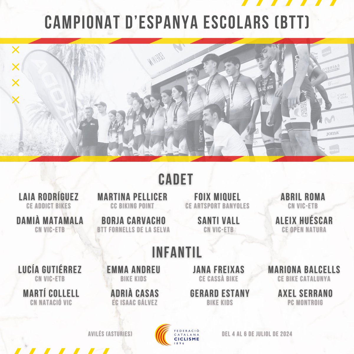 🚴🏼‍♂️ La selecció catalana disputarà els Campionats d’Espanya Escolars amb 34 representants!

🚵🏻 La gran cita anual del ciclisme infantil i cadet, que es celebrarà a Avilés, repartirà aquest cap de setmana els títols estatals de BTT i carretera.

+ info 👉🏼 ciclisme.cat/noticies/cadet…