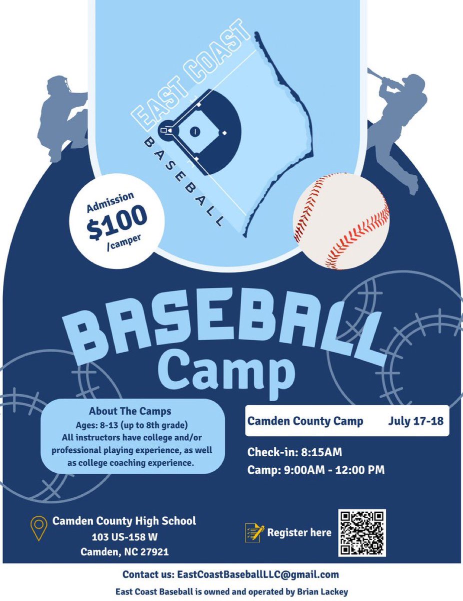 Check us out in Camden County as we team up Coach Lowe to provide some instruction and fun for their youth baseball. Click the QR code, or go to playnsports.com/event/east-coa….