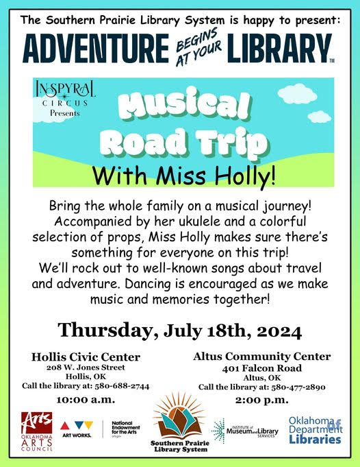 SPLSAltus's tweet photo. 🎶 Join us on July 18th for a "Musical Road Trip" with Miss Holly!
Altus: Altus Community Center, 401 Falcon Road, 2:00 p.m.
Hollis: Hollis Civic Center, 208 W. Jones Street, 10:00 a.m.
45 mins of fun for all ages. Supported by @OKArtsCouncil &amp; @NEAarts. See you there! https://t.co/G8LEUclULM