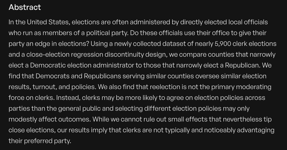 SSRC (@ssrc_org) on Twitter photo In <a href="/apsrjournal/">American Political Science Review</a>, <a href="/Jferrer505/">Joshua Ferrer</a>, <a href="/GeynIgor/">Igor Geyn</a> & <a href="/danmthomp/">Dan Thompson</a> find in 5,900 elections that counties narrowly electing Democratic election administrators saw election administration outcomes very similar to counties narrowly electing Republicans.
cambridge.org/core/journals/… In <a href="/apsrjournal/">American Political Science Review</a>, <a href="/Jferrer505/">Joshua Ferrer</a>, <a href="/GeynIgor/">Igor Geyn</a> & <a href="/danmthomp/">Dan Thompson</a> find in 5,900 elections that counties narrowly electing Democratic election administrators saw election administration outcomes very similar to counties narrowly electing Republicans.
cambridge.org/core/journals/…