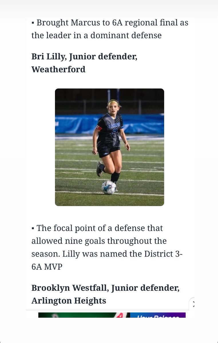 Bri Lilly (@brililly00) on Twitter photo Honored to be mentioned in the Fort Worth Star Telegram as I made the All Area Team. I had a great junior year, I can’t wait to see what next year holds for my team and I. 🔥🔥#lastyearbestyear
<a href="/PrepSoccer/">Prep Soccer ⚽️</a> <a href="/ImYouthSoccer/">ECNL/GA/Recruiting/College Soccer</a> <a href="/ImCollegeSoccer/">College Soccer Truth ™</a> <a href="/stingblk06ghart/">STING DALLAS BLACK 07/06 HART ECNL RL</a> Honored to be mentioned in the Fort Worth Star Telegram as I made the All Area Team. I had a great junior year, I can’t wait to see what next year holds for my team and I. 🔥🔥#lastyearbestyear
<a href="/PrepSoccer/">Prep Soccer ⚽️</a> <a href="/ImYouthSoccer/">ECNL/GA/Recruiting/College Soccer</a> <a href="/ImCollegeSoccer/">College Soccer Truth ™</a> <a href="/stingblk06ghart/">STING DALLAS BLACK 07/06 HART ECNL RL</a>