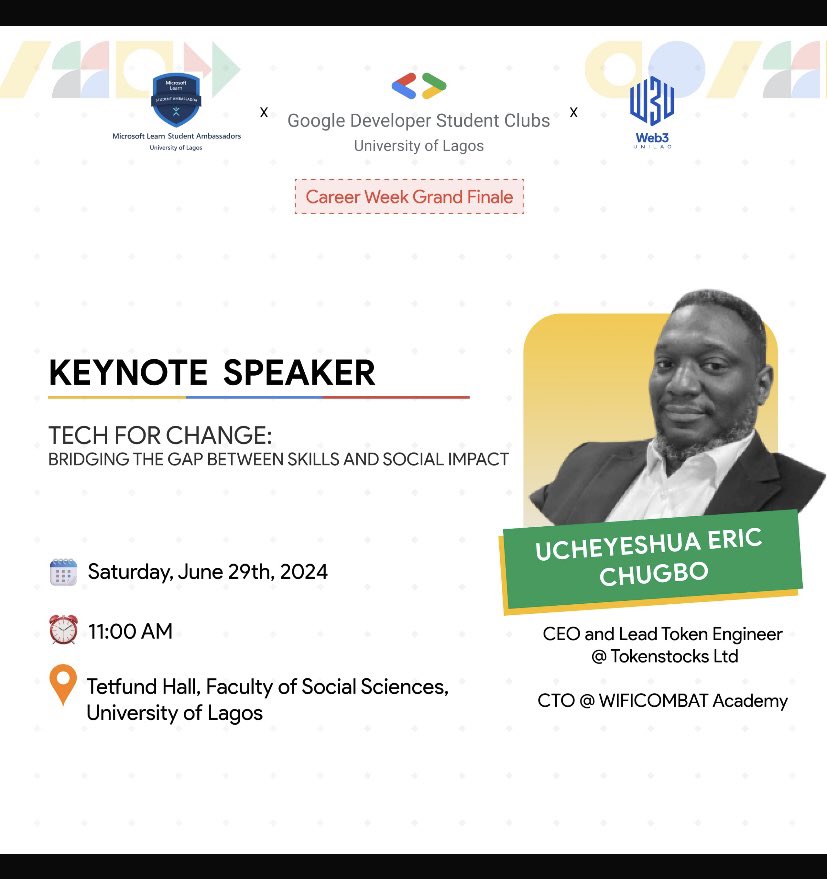 UcheyChugbo's tweet photo. Swell time delivering a keynote speach at the Google developer students club at university of Lagos the other day. Tech for Change: “Bridging the Gap Between Skills and Social Impact” #FutureLeaders #Innovation  #GDSCUnilag #TokenStocks #careerweek #Bitcoin #blockchain #Web3 https://t.co/vLbUOQA9uf
