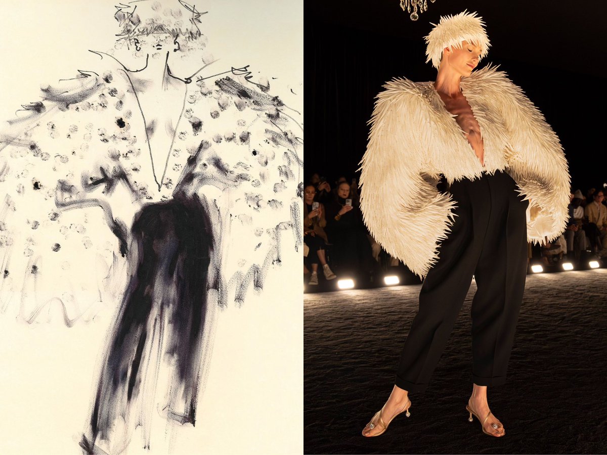 muglare's tweet photo. Daniel Roseberry’s sketches for his Schiaparelli F/W 2024 couture collection with the final looks. I love the behind the scenes content we are getting from Daniel. https://t.co/xX1QFKzwGr