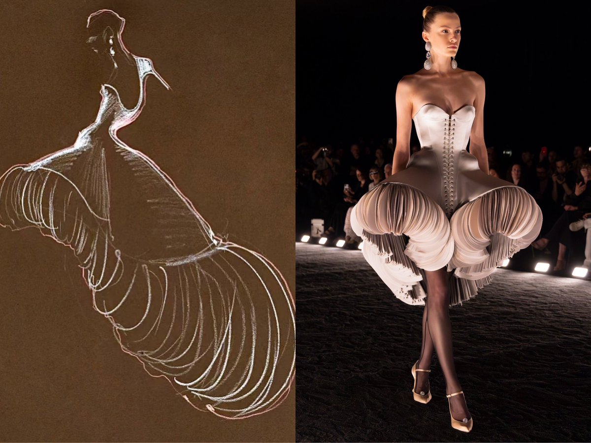 muglare's tweet photo. Daniel Roseberry’s sketches for his Schiaparelli F/W 2024 couture collection with the final looks. I love the behind the scenes content we are getting from Daniel. https://t.co/xX1QFKzwGr