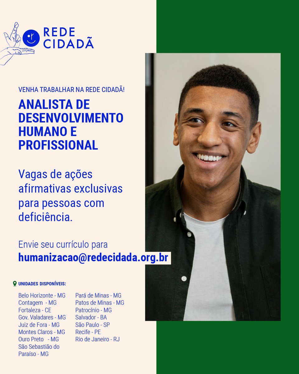 A Rede Cidadã está com vagas abertas para PCD! Envie seu currículo para humanizacao@redecidada.org.br e compartilhe essa oportunidade com seus amigos!
#RedeCidadã #VagaPCD #Diversidade #Inclusão