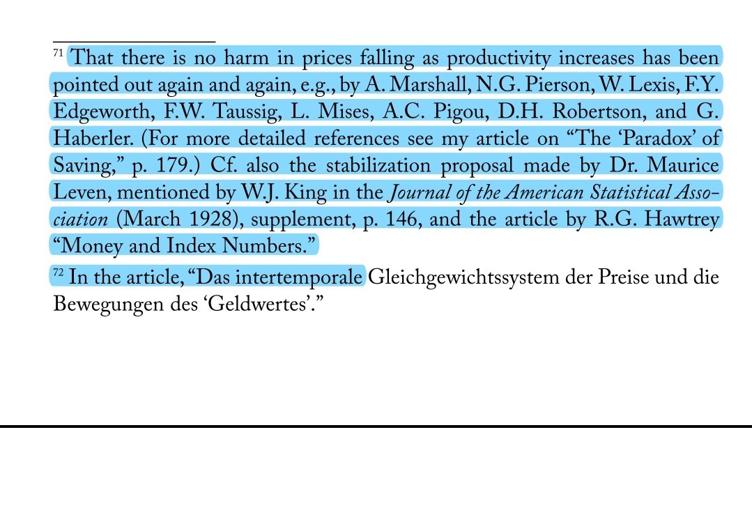 AaronSepulvedaC's tweet photo. #Hayek wrote:
"That there is no harm in prices falling as productivity increases has been pointed out again & again...by Marshall, Pierson, Lexis, Edgeworth, Taussig, #Mises, #Pigou, Robertson, & Haberler."
~ Prices & Production,
1931/2008, note 71, pg 286.
#AustrianEconomics https://t.co/45rbRoz6uz
