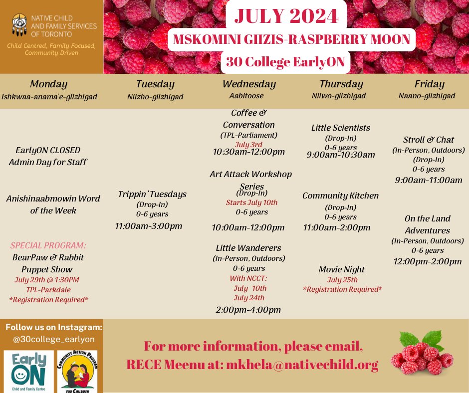 NCFST's tweet photo. Here are some of the programs happening at 30 College for the month of July. Contact Meenu at mkhela@nativechild.org for more information.

#NCFST #NativeChild https://t.co/hQz2b0ki3L