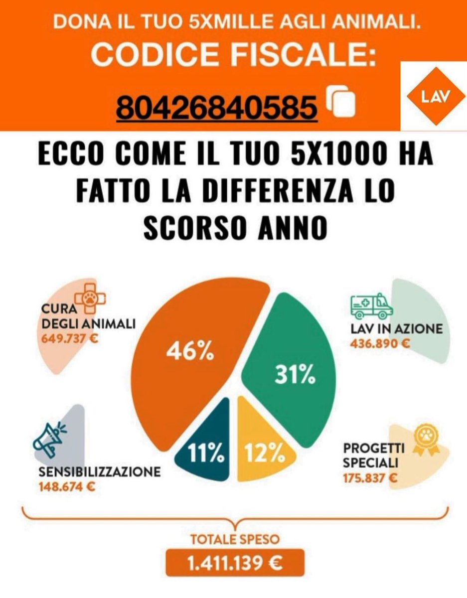 Dona il tuo 5X1000 alla LAV🧡
È un modo per sostenere le nostre azioni verso gli animali senza spendere nulla, LAV mostra sempre come agisce e per cosa: sul sito potrai trovare tutte le novità, settimana per settimana.

CODICE FISCALE: 80426840585