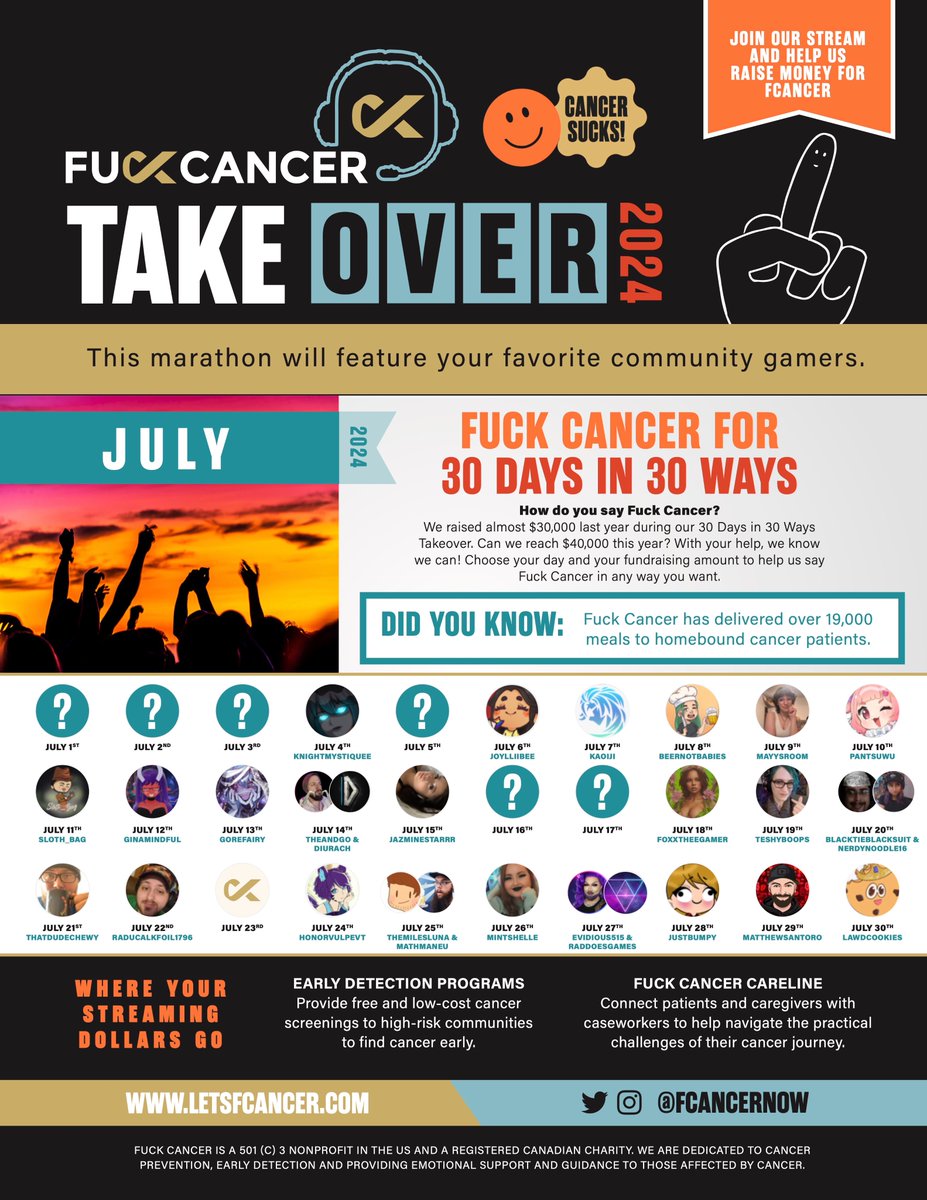 Our July 30 Day Takeover schedule is officially live! We have a few more spots to fill if anyone wants to participate. Follow along for the entire month! 

tiltify.com/f-cancer/july-…