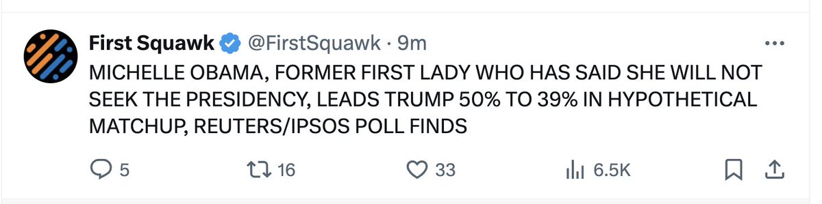 cryptomanran's tweet photo. What a day for Trump.

Michelle Obama Out.
Kamala wants presidency.
Sentencing postponed.

Couldn't be better! https://t.co/bWd7Qg8wGj