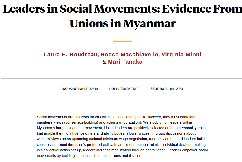 NBER (@nberpubs) on Twitter photo Union leaders exhibit better leadership qualities than average workers and cultivate collective action in labor movements through coordinating workers’ views and participation, from @lauraboudreau, Rocco Macchiavello, <a href="/VirginiaMinni/">Virginia Minni</a>, and Mari Tanaka nber.org/papers/w32619 Union leaders exhibit better leadership qualities than average workers and cultivate collective action in labor movements through coordinating workers’ views and participation, from @lauraboudreau, Rocco Macchiavello, <a href="/VirginiaMinni/">Virginia Minni</a>, and Mari Tanaka nber.org/papers/w32619
