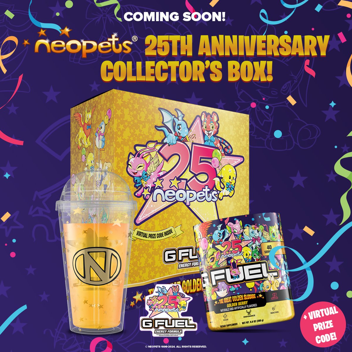 GFuelEnergy's tweet photo. 🥳 𝗖𝗢𝗠𝗜𝗡𝗚 𝗦𝗢𝗢𝗡: Celebrate 25 Years of @Neopets Adventures with The #Neopets x #GFUEL "𝟮𝟱𝘁𝗵 𝗔𝗡𝗡𝗜𝗩𝗘𝗥𝗦𝗔𝗥𝗬 𝗖𝗢𝗟𝗟𝗘𝗖𝗧𝗢𝗥'𝗦 𝗕𝗢𝗫"! 

💛 𝗟𝗜𝗞𝗘 + 𝗥𝗧 to win a Box! 2 WINNERS picked on launch day!

📮 𝗝𝗢𝗜𝗡 𝗪𝗔𝗜𝗧𝗟𝗜𝗦𝗧: https://t.co/2JlYDnaN8O https://t.co/Efhony6zwj