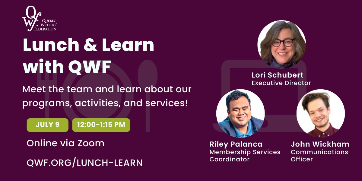Looking to learn more about #QWF, what we do, and how we help #QuebecWriters? 
Join us for our quarterly Lunch &amp; Learn with QWF next Tuesday, July 9. Meet the QWF staff and find out all about our programs and services.

RSVP for the Zoom link 👉 qwf.org/event/lunch-le…