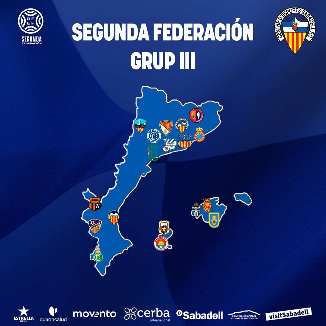 CESabadell's tweet photo. 🗺️ Ja coneixem els grups de la #SegundaFederación 

📍 Aquests són els nostres rivals aquesta temporada

⚽️ Amb ganes que comenci a rodar la pilota!

#AMQM https://t.co/n7xXHzBjXx