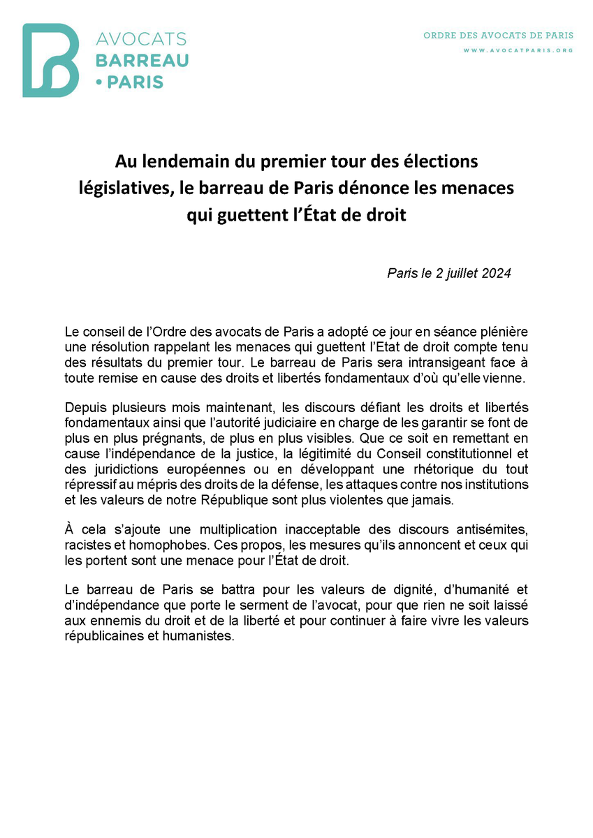 #ElectionsLegislatives : en sa séance du 2 juillet, le conseil de l’Ordre a adopté la délibération suivante.