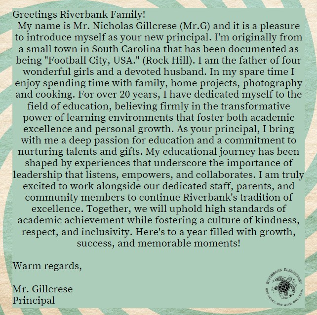We are excited to introduce our newest sea turtles! Welcome to Riverbank, Mr. G!
#OneHeartOneMindOneTeam <a href="/LexingtonTwo/">Lexington District Two</a>