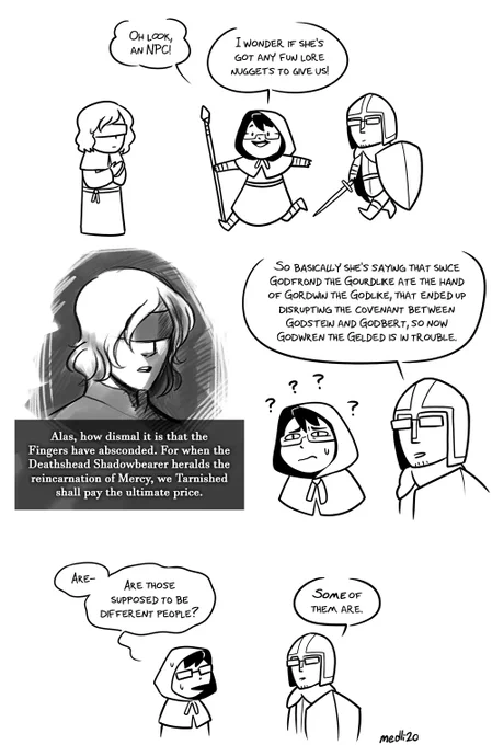 I drew this in the month leading up to Elden Ring's DLC release, wherein I tried playing the game for the first time.   I'm having a great time with it, but unfortunately I may be too dumb for the lore lmao