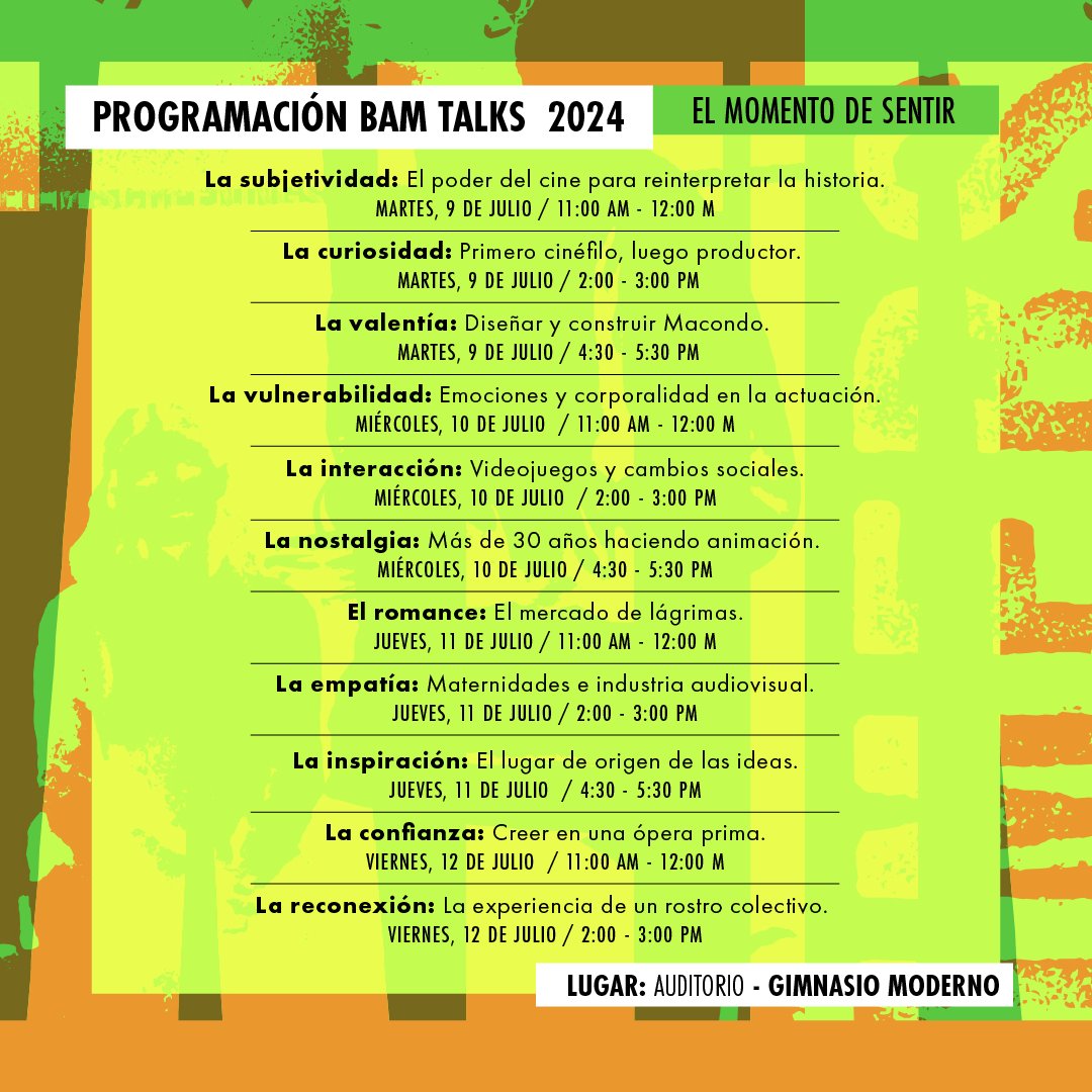 BAM_Bogota's tweet image. (...) 💥 #BAMTalks | Entrada libre hasta completar aforo
📅 Viernes, 12 de julio
⏰ 11:00 AM
📍 Gimnasio Moderno (Carrera 9 #74 - 99)

➡️ No te pierdas esta increíble conversación sobre cine y colaboración internacional en #BAMQuince 

 #ModoBAM