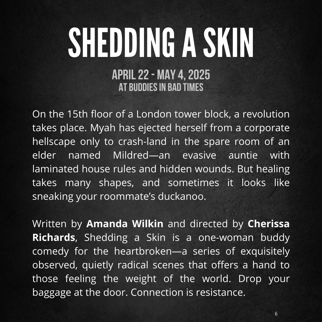 Nightwood Theatre (@nightwoodtheat) on Twitter photo Apr 22 to May 4, 2025 - Excited to finish our 24/25 season with <a href="/buddiesTO/">Buddies in Bad Times Theatre</a> and Amanda Wilkin's one-woman buddy comedy Shedding a Skin, directed by <a href="/CherissRichards/">Cherissa Richards</a> ! For more on this amazing show: nightwoodtheatre.net/shedding-a-ski⦠Apr 22 to May 4, 2025 - Excited to finish our 24/25 season with <a href="/buddiesTO/">Buddies in Bad Times Theatre</a> and Amanda Wilkin's one-woman buddy comedy Shedding a Skin, directed by <a href="/CherissRichards/">Cherissa Richards</a> ! For more on this amazing show: nightwoodtheatre.net/shedding-a-skiā¦