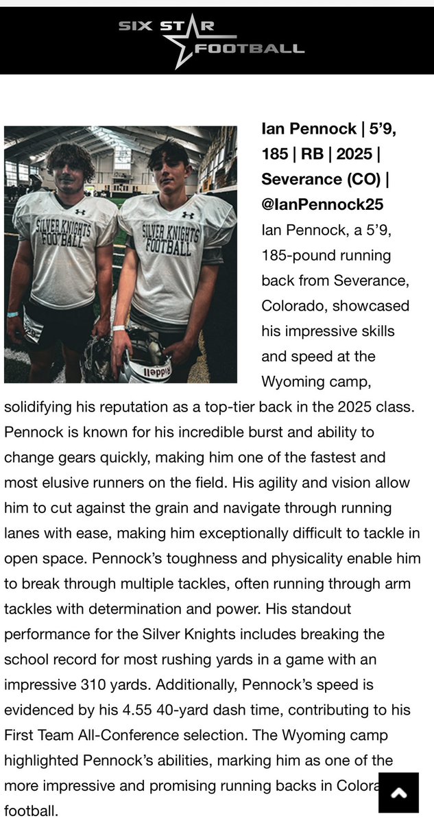 Ian Pennock⭐️⭐️⭐️ (@ianpennock25) on Twitter photo Thank you for the write-up and mention <a href="/sixstarfootball/">Six Star Football | PLUS+</a> Ready to keep working and put up those yards senior season. Ready to get on the field with my teammates!! #nodaysoff <a href="/SilverKnightsFB/">Silver Knights Football</a> <a href="/CoachBHen/">Brian Hendricks</a> @CoachJmalone <a href="/CoachMoffett5/">Blake Moffett</a> <a href="/CoachFam/">Coach Mike Famiglietti “Fam”</a> <a href="/CoachJakeLandry/">Jake Landry</a> <a href="/CoachJake92/">Jake Lehman</a> Thank you for the write-up and mention <a href="/sixstarfootball/">Six Star Football | PLUS+</a> Ready to keep working and put up those yards senior season. Ready to get on the field with my teammates!! #nodaysoff <a href="/SilverKnightsFB/">Silver Knights Football</a> <a href="/CoachBHen/">Brian Hendricks</a> @CoachJmalone <a href="/CoachMoffett5/">Blake Moffett</a> <a href="/CoachFam/">Coach Mike Famiglietti “Fam”</a> <a href="/CoachJakeLandry/">Jake Landry</a> <a href="/CoachJake92/">Jake Lehman</a>