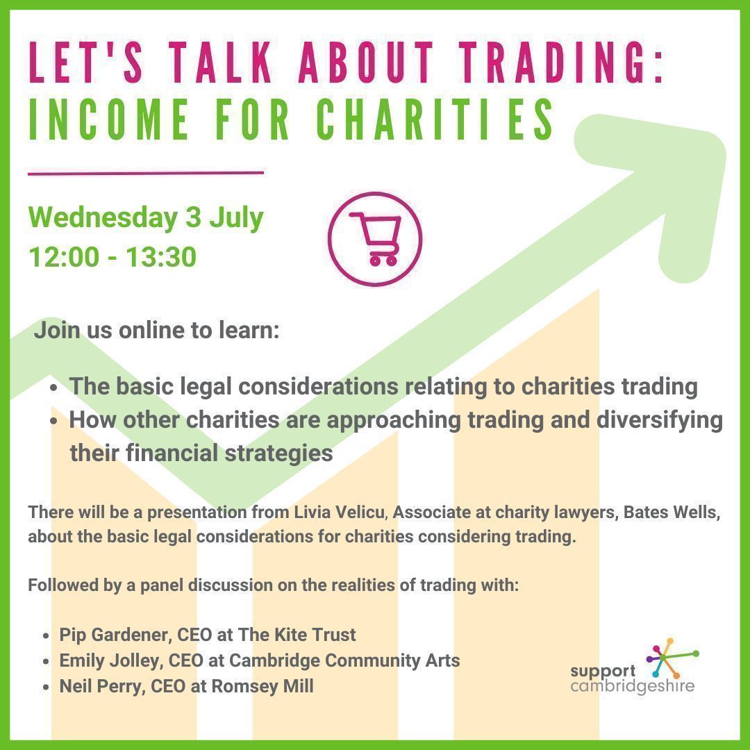 Has your charity thought about trading?

Weds 3 July 12 - 13:30

For any charitable group with an interest in finding out more about the pros and cons of trading income and ensuring they operate within the law.

Book: buff.ly/3Xh0iXz

<a href="/TheKiteTrust/">The Kite Trust</a>
<a href="/romseymill/">Romsey Mill</a>