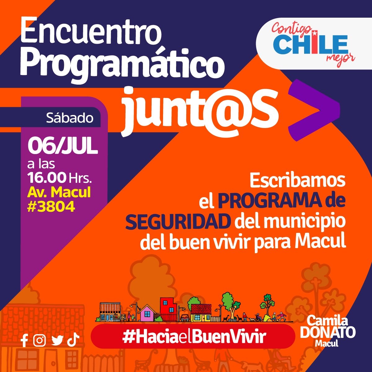 CS_Macul's tweet photo. Ven y participa en el encuentro programático de seguridad, donde tu voz es importante. Involúcrate para que mañana tu y tu familia caminen seguros hacia el buen vivir.
Nos reuniremos este 6 de julio a las 16:00 horas en Av. Macul #3804.
#ContigoChileMejor junto a @DonatoCamila https://t.co/Qd3h8wFiRy