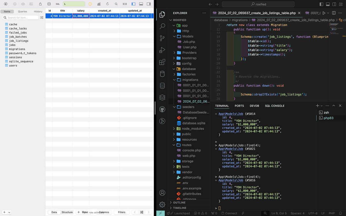 Day2 of 31: Learned about Migrations and Eloquent! Also installed tableplus and was able to create databases also also use tinker. <a href="/laracasts/">Laracasts</a> <a href="/jeffrey_way/">Jeffrey Way</a> <a href="/youdevhub/">Young Developers Hub 🧑🏻‍💻</a> 

#31DaysOfCodeWithYoudevhub #31DOCWYDH