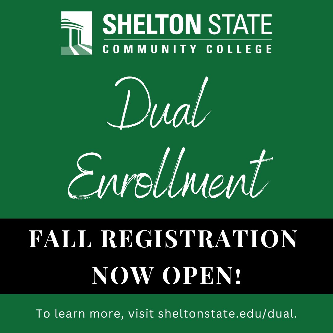 Fall Dual Enrollment registration is still open! A limited number of scholarships are available. Funds will cover one class for new students and two classes for returning dual students The deadline to apply is July 31. Visit sheltonstate.edu/dual to learn more.